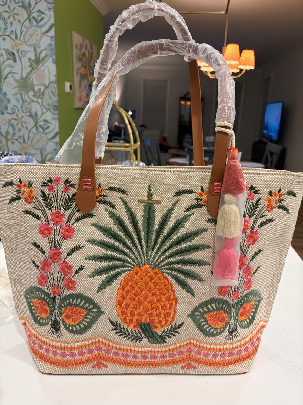 Spartina 449 Pineapple Embroidered Canvas Tote - Pink, Orange & Tan